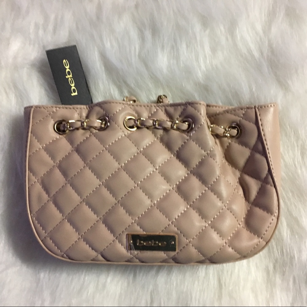 BEBE CHELSEA CROSSBODY CHAIN GOLD WARM TAUPE CLOUD QUILTED STYLE HANDBAG